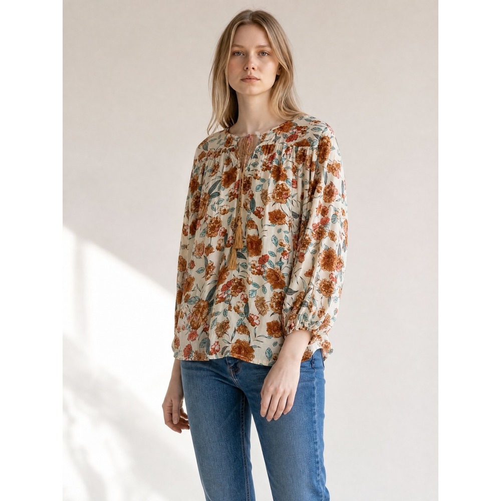 Hayden Los Angeles Floral‎ Tassel Peasant Blouse Rust Teal Boho Oversized Large